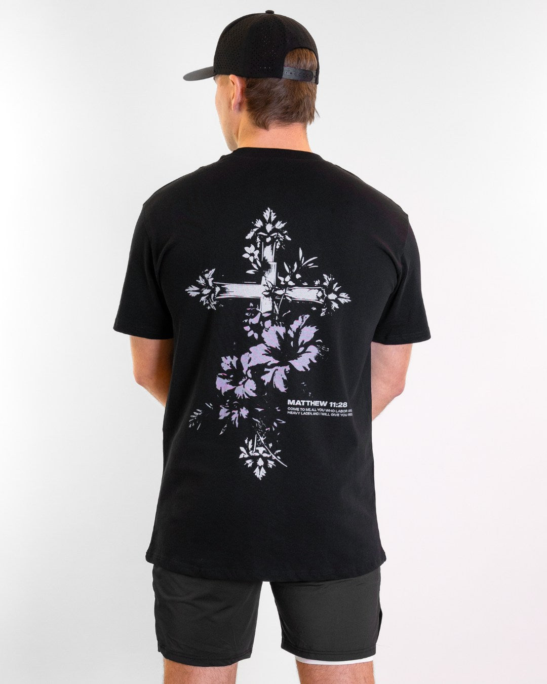 Matthew 11:28 Floral Cross Oversized T-Shirt