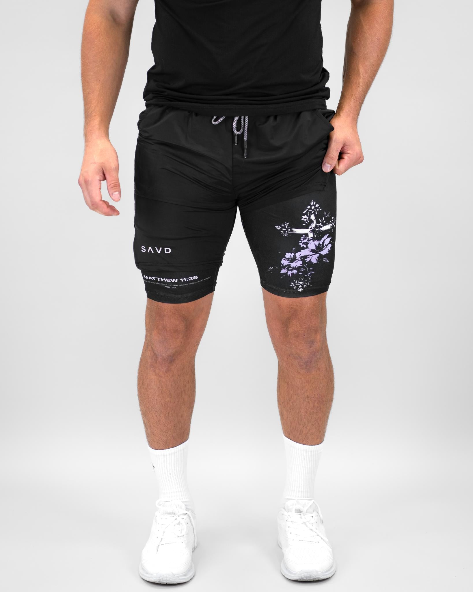 Matthew 11:28 Floral Cross Performance Shorts