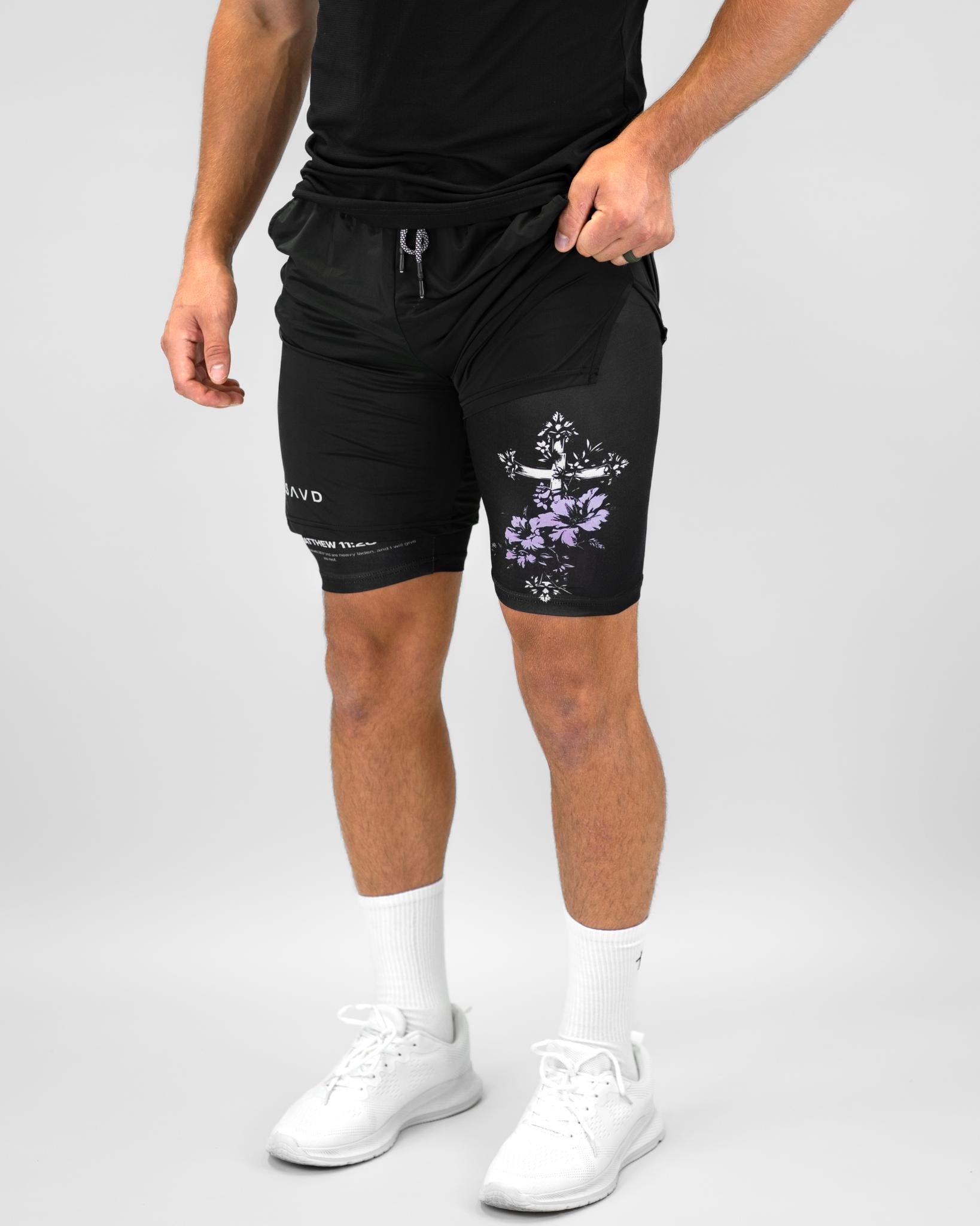 Matthew 11:28 Floral Cross Performance Shorts